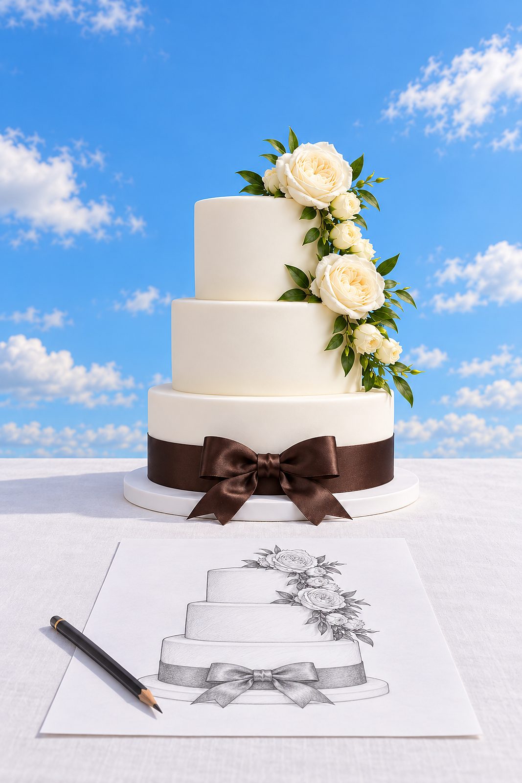 Dreistöckige weiße Hochzeitstorte vor blauem Himmel mit Wolken, davor auf dem weißen Tisch ein Blatt mit der Bleistiftskizze derselben Torte und ein Bleistift