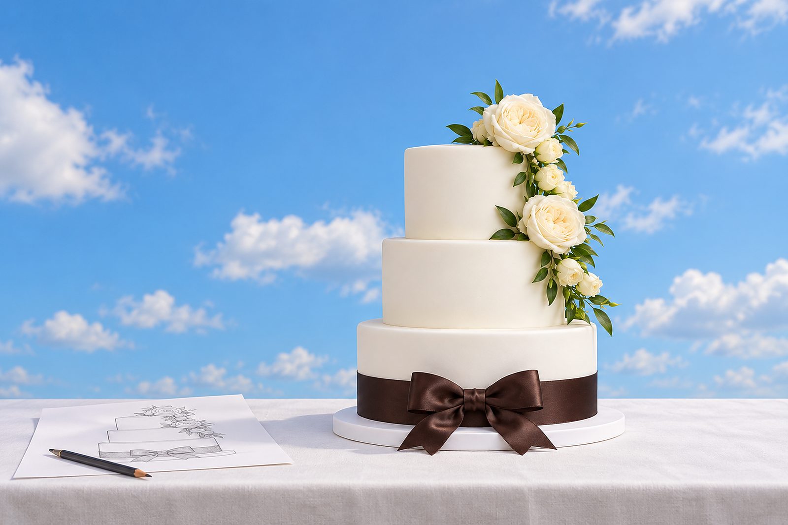Dreistöckige weiße Hochzeitstorte mit weißen Rosen und brauner Schleife auf einem weiß gedeckten Tisch vor blauem Himmel mit Wolken, daneben ein Blatt mit der Bleistiftskizze derselben Torte und ein Bleistift