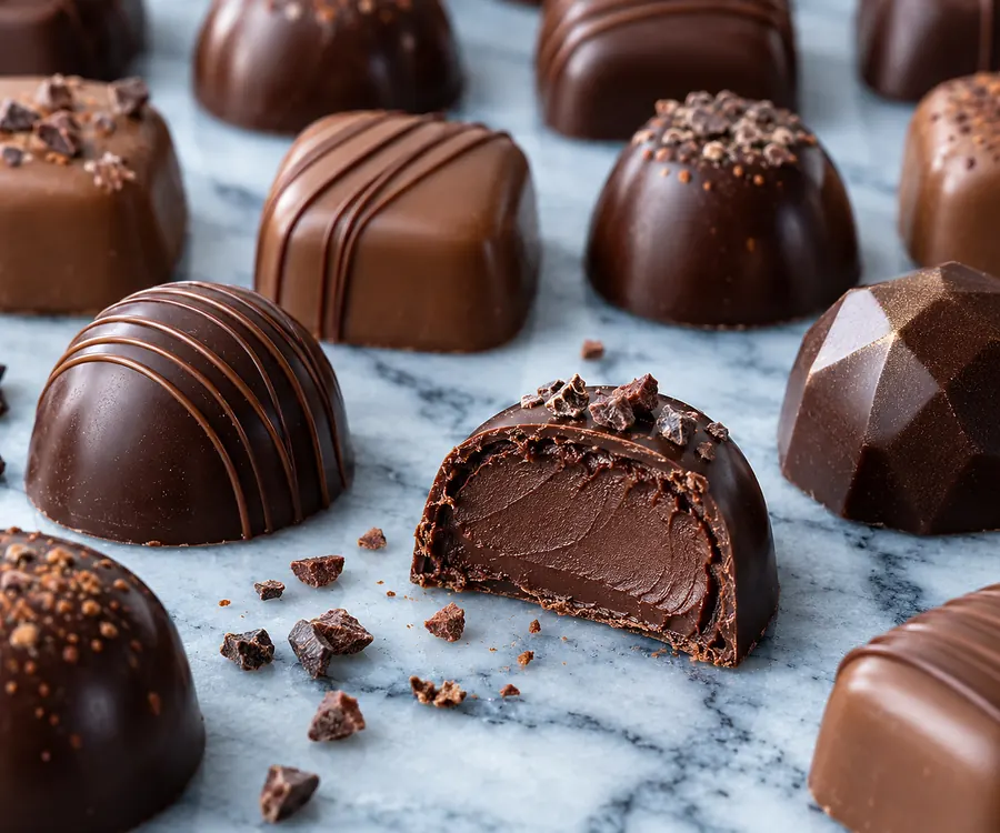 Handgemachte Pralinen in Reihen auf hellblauem Marmor, eine aufgeschnitten mit glatter Ganache
