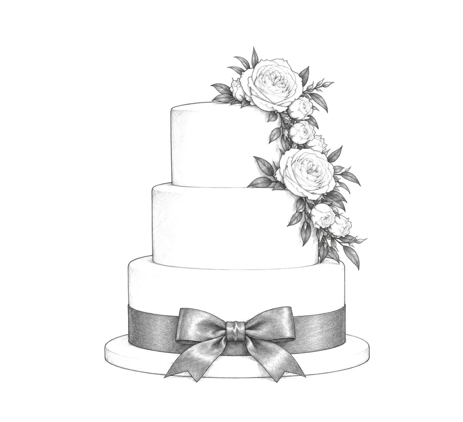 Bleistiftskizze einer dreistöckigen Hochzeitstorte mit Schleife und Rosen