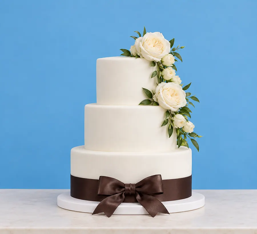 Dieselbe Torte fertig: drei Etagen in weißem Fondant, braune Schleife, weiße Rosen, vor himmelblauem Grund